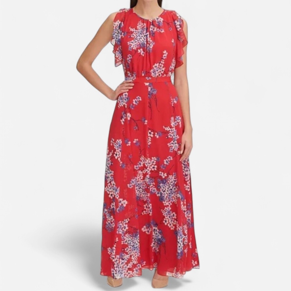 Tommy Hilfiger Eloise Floral Chiffon Maxi Dress with Flutter Sleeves Size 2